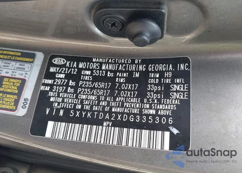 2013 Kia Sorento Lx V6 z USA, uszkodzony, nr VIN 5XYKTDA2XDG335306